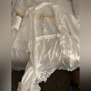 White Satin Bride Robe with Lace Trim and matching bride water bottle